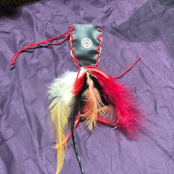 Black Leather Pouch with Red and Feather Accents - Picture 7 of 7
